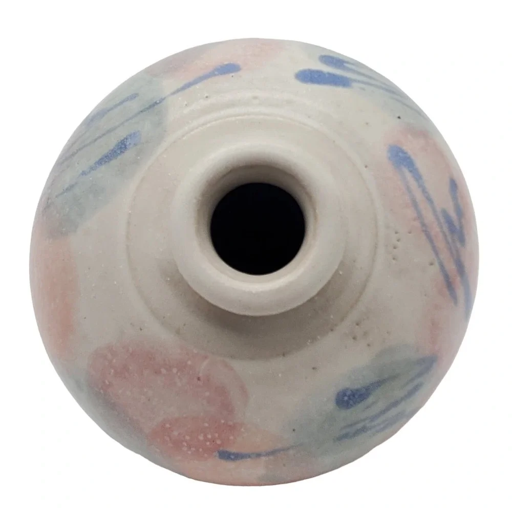 Gray Squat Art Pottery Vase Pastel Pink Blue Abstract Signed Ceramic Pot Vintage